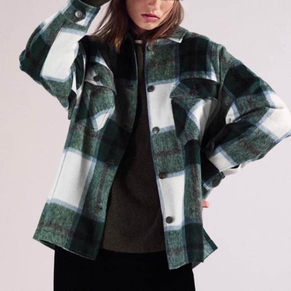 Green Wool Blend Waffle Knit Overshirt Shacket Coat - Picture 3 of 11